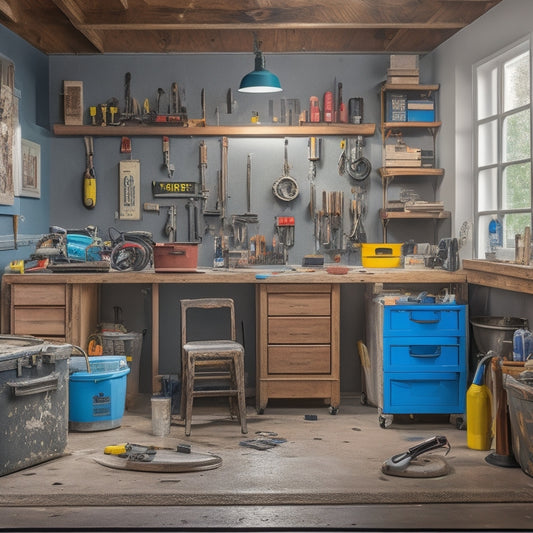 A clutter-free, well-lit workshop background with a central, open toolbox filled with neatly organized sealants, caulk guns, and precision tools, surrounded by a few partially renovated home elements.