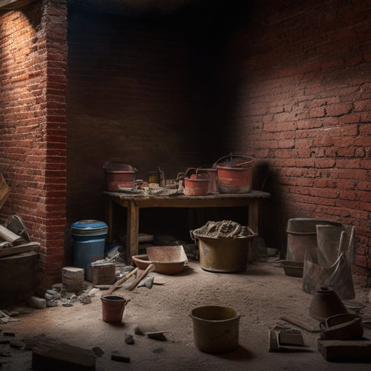 A cluttered, dimly lit, old brick wall with crumbling mortar, surrounded by scattered renovation tools, including a trowel, level, and hammer, amidst scattered bricks and debris.