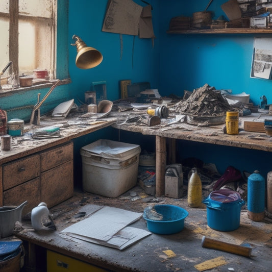 A cluttered room with scattered tools, torn wallpaper, and a half-painted wall, contrasted with a tidy workspace in the background, featuring a clipboard with a checklist and a satisfied homeowner.