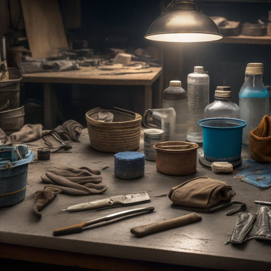 A cluttered workshop table with various sealant removal tools scattered around, including a scraper, adhesive remover, and utility knife, surrounded by old caulk tubes and worn gloves.