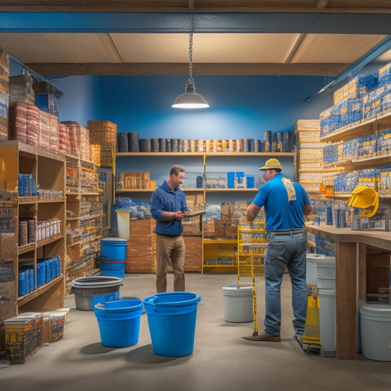 A well-lit, organized hardware store interior with rows of plastering tools, buckets of joint compound, and stacks of drywall, featuring a knowledgeable staff member in the background, surrounded by inspirational renovation displays.