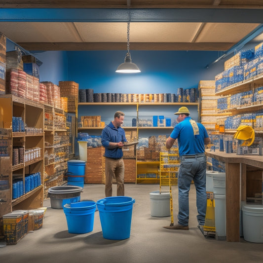 A well-lit, organized hardware store interior with rows of plastering tools, buckets of joint compound, and stacks of drywall, featuring a knowledgeable staff member in the background, surrounded by inspirational renovation displays.