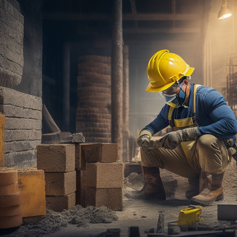 An image depicting a construction site with a worker wearing a hard hat, safety goggles, and a dust mask, surrounded by bricks, blocks, and renovation tools, with caution tape and warning signs in the background.