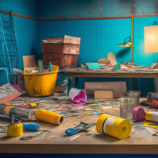 A messy home renovation site with scattered tools and materials, surrounded by colorful sticky notes and a large clipboard with checkboxes, amidst a backdrop of torn wallpaper and exposed wiring.