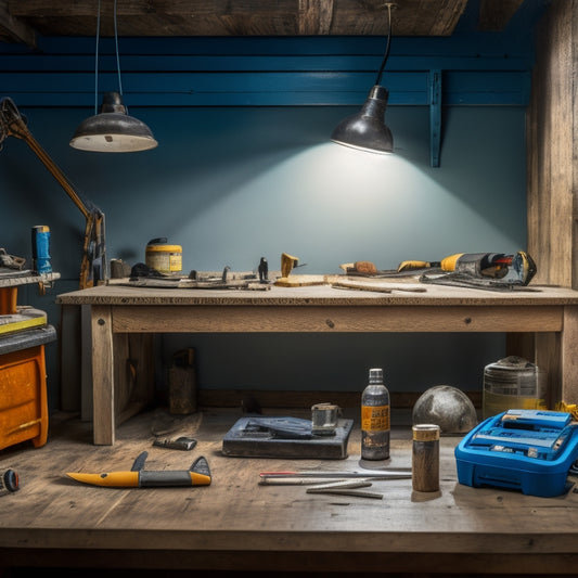A cluttered workbench with a cordless drill, impact driver, utility knife, joint compound bucket, putty knife, sanding block, level, pencil, and a small pile of plasterboard screws, amidst a renovation backdrop.