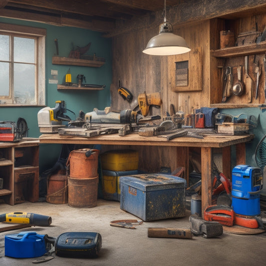 A cluttered garage with tools scattered on a workbench, surrounded by renovation materials, with a circular saw, drill press, and impact driver prominently displayed, amidst a backdrop of partially demolished walls and flooring.