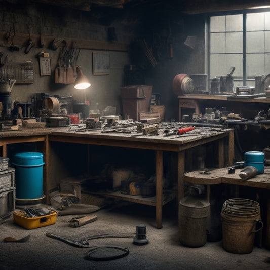 A cluttered garage or workshop with various crack repair tools, such as routers, grinders, and chisels, scattered on a workbench, surrounded by concrete crack samples and scattered dust.