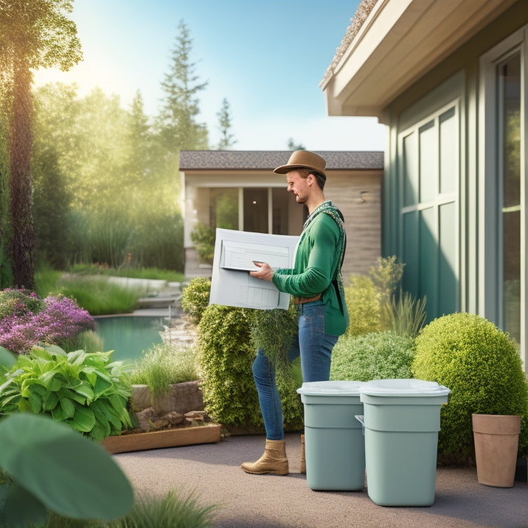 An illustration of a person holding a clipboard, standing in front of a home renovation site with recyclable materials sorted into bins, surrounded by lush greenery and a faint green checkmark hovering above.