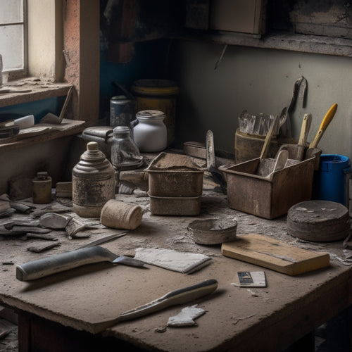 A cluttered workbench with a putty knife, trowel, joint compound, sandpaper, and a utility knife, surrounded by patches of worn plaster and crumbling wall fragments.