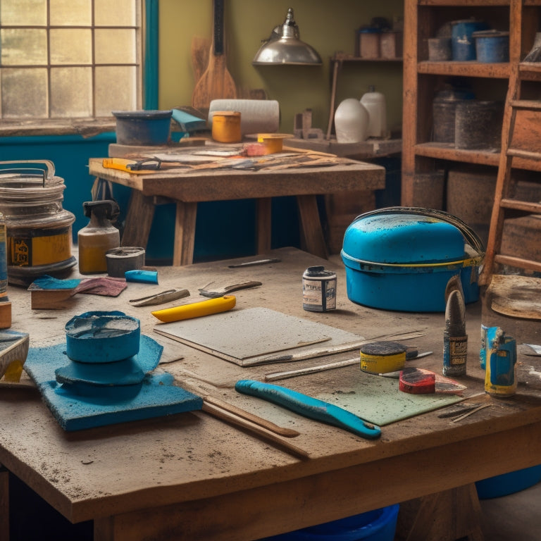 A cluttered workshop table with various surface prep materials, including a wire brush, sandpaper, putty knife, scraper, and joint compound, surrounded by renovation tools and a partially stripped wall in the background.