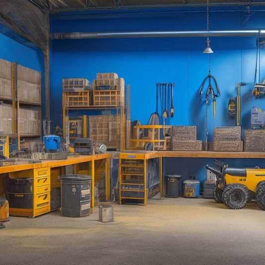 A professionally organized garage or warehouse with rows of foundation repair tools and equipment, including hydraulic piers, wall anchors, and concrete lifting machines, with a few tools in use in the background.