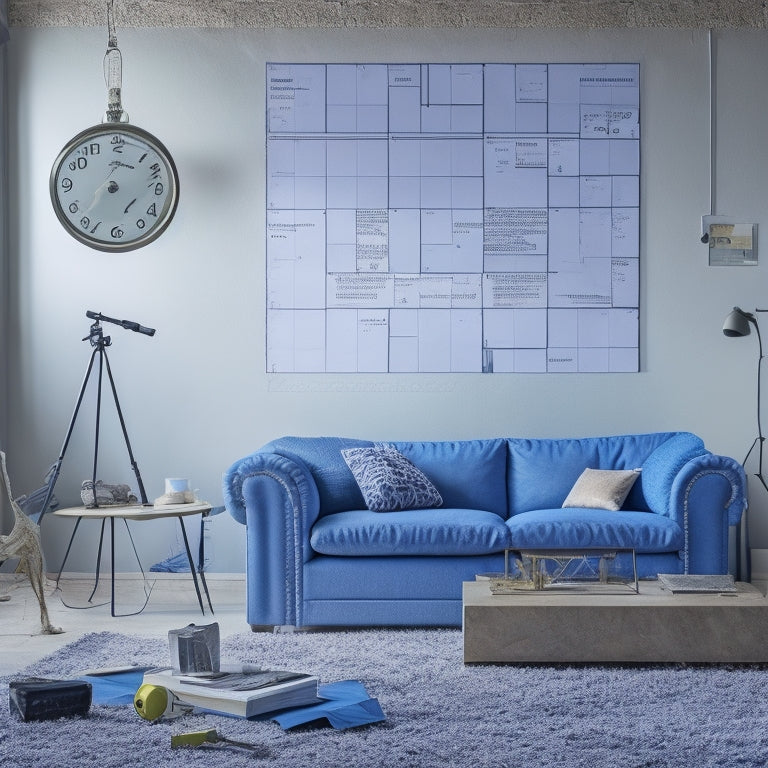 A clean and modern living room with a partially demolished wall, exposed wiring, and scattered renovation tools, surrounded by a calendar and clock in the background, with a faint outline of a completed renovation blueprint on the wall.