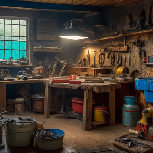 A cluttered, well-lit garage with a workbench in the center, surrounded by various second-hand renovation tools, including a vintage circular saw, a rusty hammer, and a worn-out level.