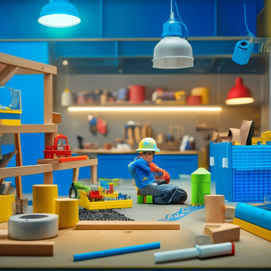 An illustration of a person in a hard hat, surrounded by building blocks of various shapes and sizes, with a nearby toolbox, tape measure, and blueprints scattered on a cluttered workbench.