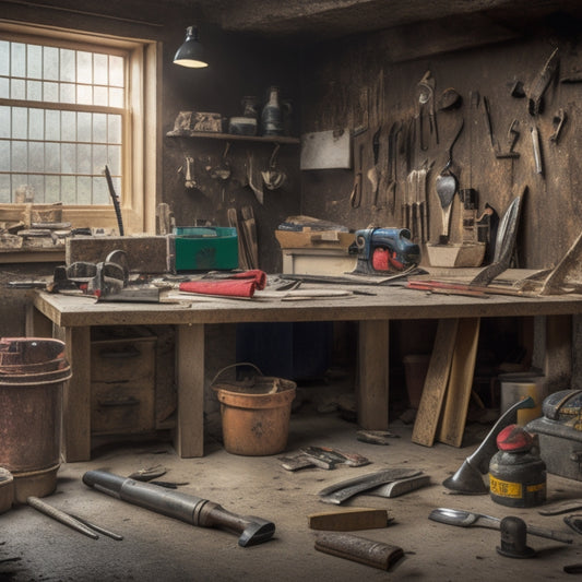 A cluttered workbench with a variety of demo tools scattered across it, including a sledgehammer, pry bar, demolition saw, and utility knife, surrounded by scattered drywall and wooden planks.