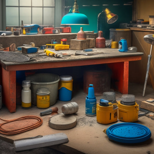 A cluttered workbench with various concrete sealing tools scattered around, including a sprayer, roller, brush, and bucket, surrounded by concrete samples with different finishes and textures.