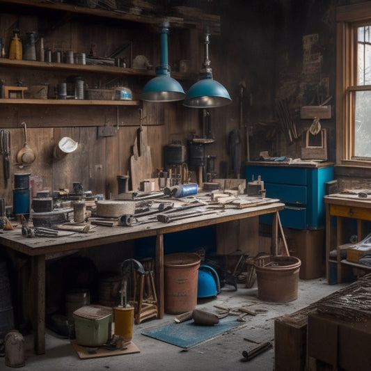 A cluttered workshop with a variety of tools and equipment scattered around, including a wire brush, sandpaper, putty knife, scraper, and drill, surrounded by renovation materials like wood planks and drywall.