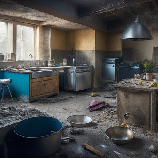 A sprawling, messy construction site with torn-out walls, scattered tools, and a single, gleaming stainless steel sink amidst the chaos, surrounded by a faint, ghostly outline of a renovated kitchen.