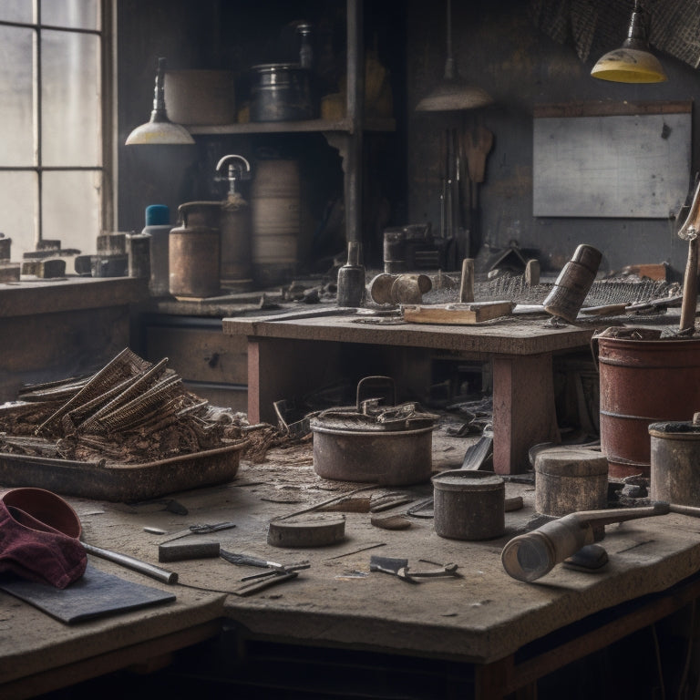 A cluttered workbench with scattered hammers, tangled wires, and rusted pipes, surrounded by torn drywall and broken tiles, with a faint outline of a blueprint in the background, partially obscured by dust.