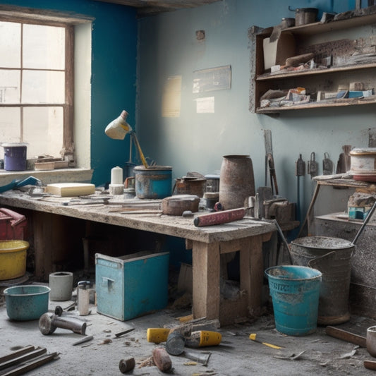 A cluttered workspace with a partially demolished wall, surrounded by various renovation tools, including a sledgehammer, tape measure, level, drill, and buckets of joint compound and paint.