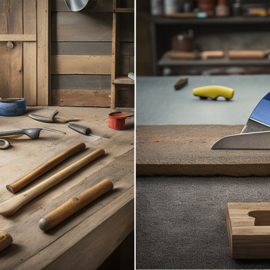 A split-screen image featuring various trowel sizes (6, 8, 10, 12 inches) laid out on a wooden workbench, with a blurred background of a renovation site, including tools and building materials.