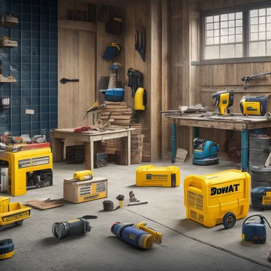 A cluttered workshop background with various block construction renovation tools scattered around, featuring iconic logos and colors of top brands like DeWalt, Bosch, and Makita, with a partially built block wall in the center.