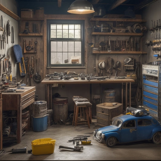 A cluttered garage with tools and materials scattered around, a workbench in the center with a partially disassembled cabinet, surrounded by power tools, safety gear, and renovation plans taped to the wall.