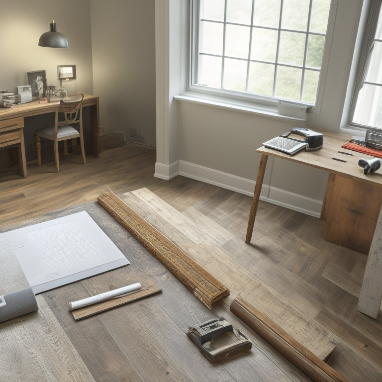 A serene, well-organized renovation site with a tidy toolbox, a laptop open to a 3D design, a partially installed hardwood floor, and a contractor reviewing blueprints in the background.