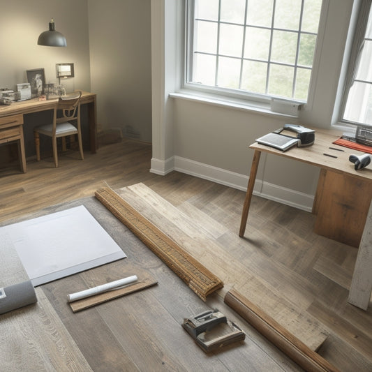 A serene, well-organized renovation site with a tidy toolbox, a laptop open to a 3D design, a partially installed hardwood floor, and a contractor reviewing blueprints in the background.