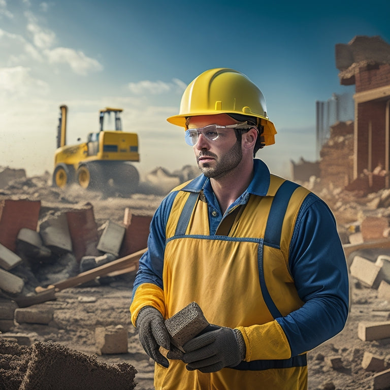 An image depicting a person wearing a yellow hard hat, safety goggles, earplugs, and a dust mask, standing in front of a partially demolished house with a sledgehammer and broken bricks scattered around.