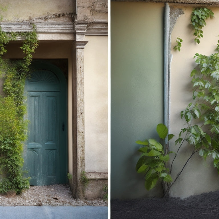 A before-and-after split-screen image of a worn, cracked exterior wall with peeling paint and overgrown vines beside a renovated wall with smooth stucco, fresh coat of paint, and neatly trimmed greenery.