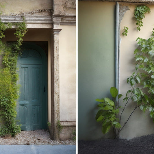 A before-and-after split-screen image of a worn, cracked exterior wall with peeling paint and overgrown vines beside a renovated wall with smooth stucco, fresh coat of paint, and neatly trimmed greenery.