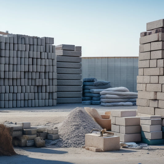 A photo of a neatly stacked pile of concrete blocks in various sizes and textures, with a few blocks scattered around, surrounded by renovation tools and a subtle background of a construction site.