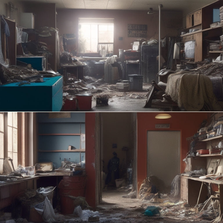 A split-screen image featuring a cluttered, chaotic room with large debris and dust particles visible, juxtaposed with a tidy, organized space with smaller mesh openings filtering out dust and debris.