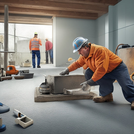 An illustration of a person in a hard hat and gloves inspecting a concrete subfloor, with various tools and equipment scattered around, including a level, trowel, and moisture meter.