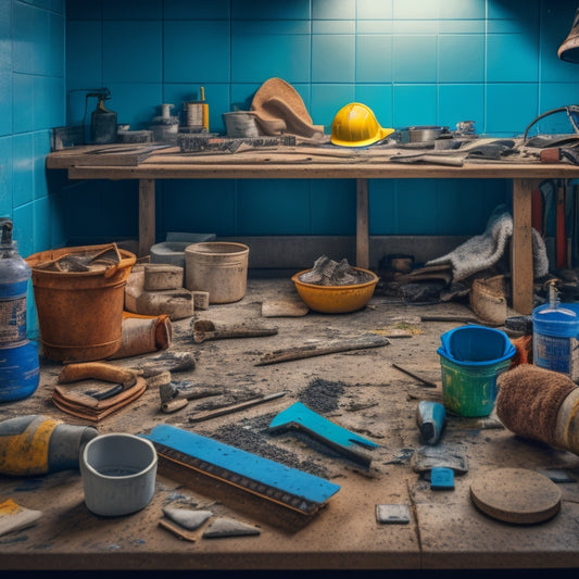 A cluttered workshop table with various grout saws, worn gloves, and scattered grout fragments, surrounded by half-tiled walls and floors in the background, with a faint outline of a bathroom or kitchen.
