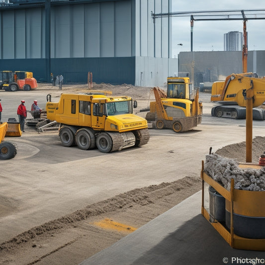 A photograph of a construction site with a newly poured slab, surrounded by various compactors, including a plate compactor, walk-behind roller, and ride-on compactor, amidst a backdrop of renovation equipment and tools.