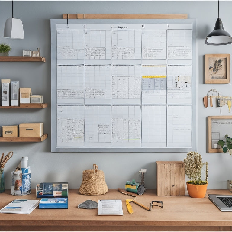 A clutter-free, well-organized home renovation workspace with a large calendar on the wall, marked with progress milestones, surrounded by essential tools and construction materials, set against a clean, white background.