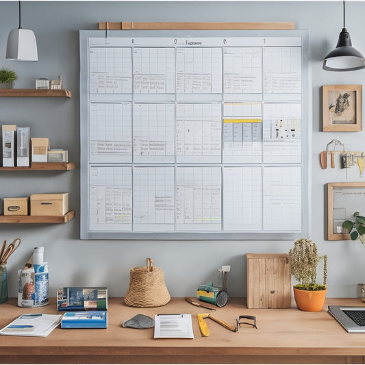 A clutter-free, well-organized home renovation workspace with a large calendar on the wall, marked with progress milestones, surrounded by essential tools and construction materials, set against a clean, white background.