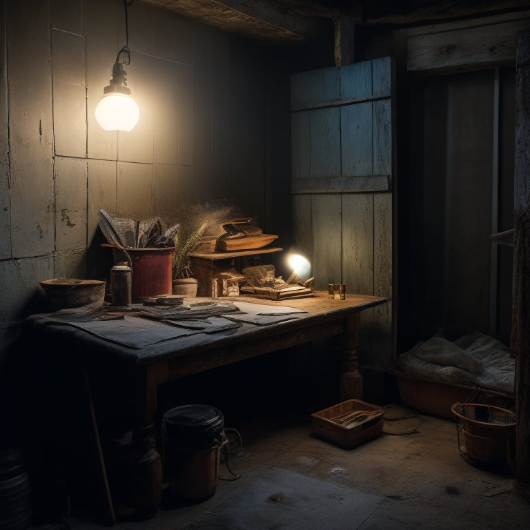 A dimly lit room with a water-stained ceiling, cracks, and peeling paint; a ladder leaning against the wall, a flashlight on the floor, and a clipboard with a checklist nearby.