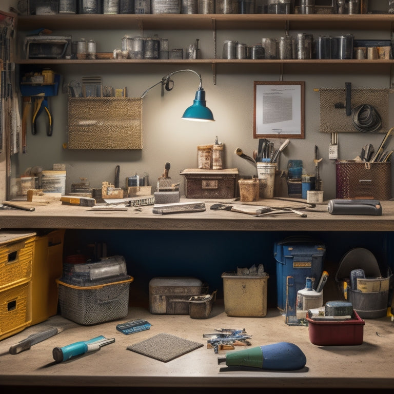 A cluttered renovation workspace with scattered tools and materials, surrounded by half-finished projects, contrasted with a tidy and organized section featuring a pegboard, labeled bins, and a portable toolbox.