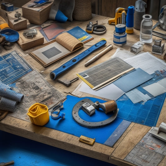 A cluttered workshop table with various tools and materials scattered around, including a tape measure, level, hammer, saw, and flooring samples, surrounded by scattered blueprints and a partially unrolled roll of flooring.
