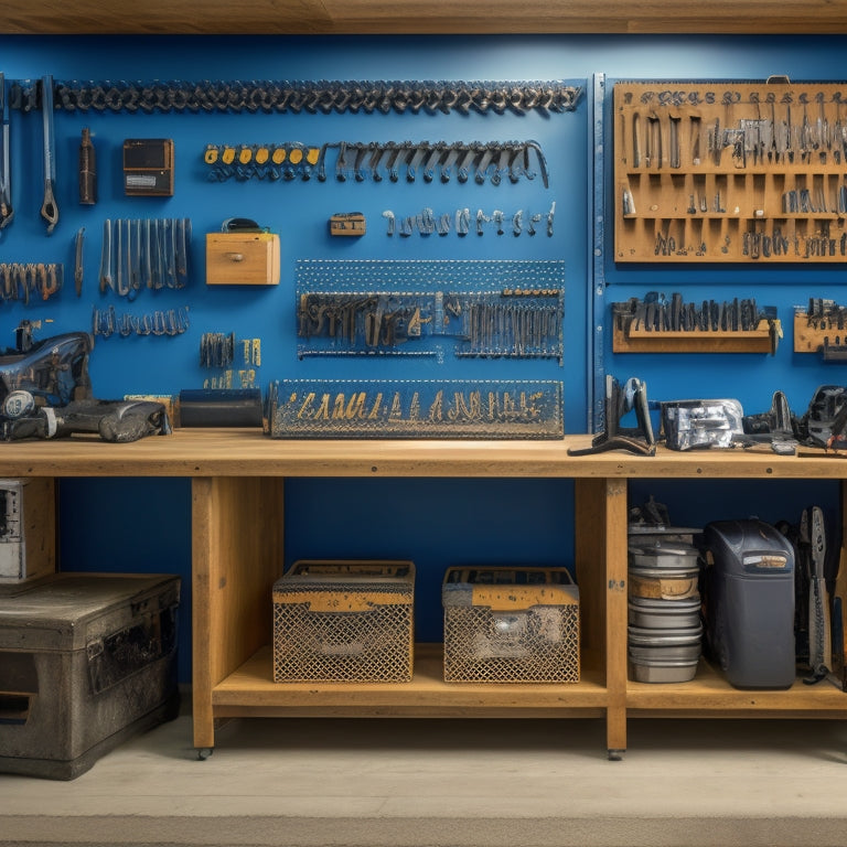 A clutter-free workshop with a pegboard displaying organized rows of wrenches, pliers, and screwdrivers, accompanied by a rolling cabinet with labeled drawers and a wall-mounted foldable workbench.