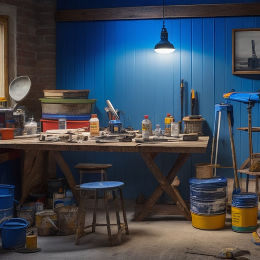 A clutter-free, well-lit workshop table with a mixing bucket, a cordless drill, a putty knife, a trowel, a level, a mixing paddle, and a stack of paint cans in the background.