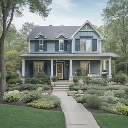 A serene suburban home with a mix of modern and traditional architecture, surrounded by lush greenery, with various renovation tools and materials scattered around the exterior, including a ladder, hammer, and paint cans.