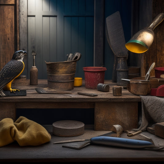 A well-lit workshop background with a variety of plastering tools, including a hawk, trowel, joint knife, and sanding block, arranged neatly on a wooden workbench with a few plastering materials.