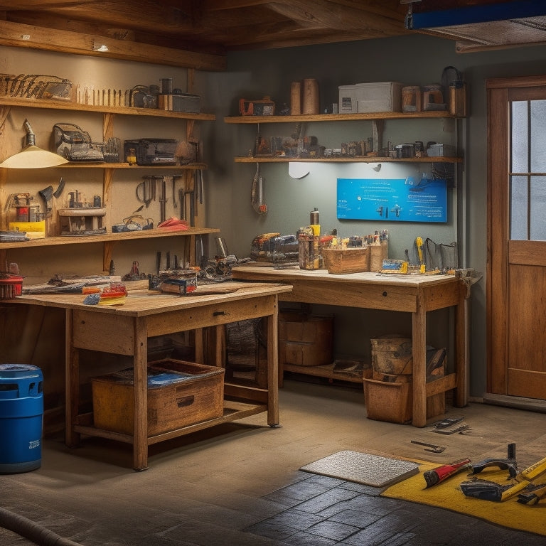 A well-lit, clutter-free garage workbench with a cordless drill, tape measure, and level arranged diagonally, surrounded by scattered renovation plans and a few scattered tools in the background.