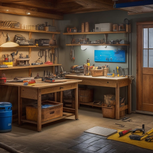 A well-lit, clutter-free garage workbench with a cordless drill, tape measure, and level arranged diagonally, surrounded by scattered renovation plans and a few scattered tools in the background.