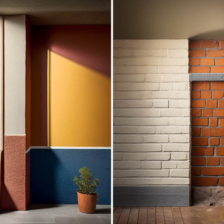 A before-and-after split-screen image: a cracked, worn block wall on the left, and a renovated wall on the right with fresh mortar, clean lines, and a warm, inviting color scheme.