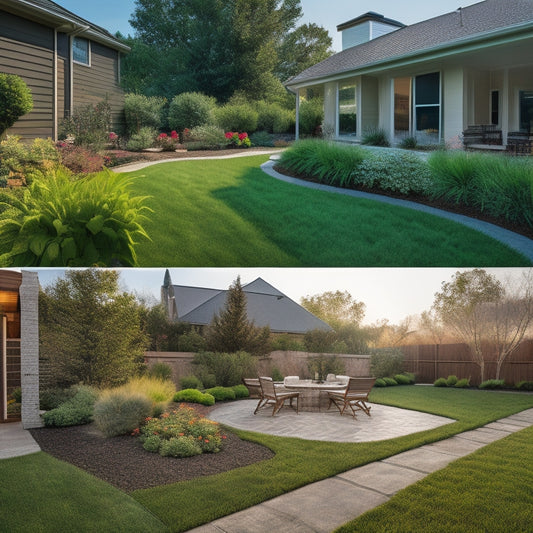 An illustration of a residential backyard with a before-and-after split screen, showcasing a messy lawn and incomplete patio on one side, and a beautifully installed step paver patio with lush greenery on the other.